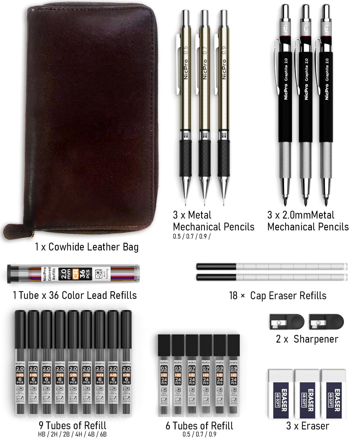 Nicpro 30PCS Art Mechanical Pencil Set in Leather Case, Metal Drafting Pencil 0.5 mm, 0.7 mm, 0.9 mm & 3 PCS 2mm Lead Holders for Sketching Drawing With 16 Tube (6B 4B 2B HB 2H 4H Colors) Lead Refills Nicpro
