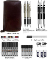 Nicpro 30PCS Art Mechanical Pencil Set in Leather Case, Metal Drafting Pencil 0.5 mm, 0.7 mm, 0.9 mm & 3 PCS 2mm Lead Holders for Sketching Drawing With 16 Tube (6B 4B 2B HB 2H 4H Colors) Lead Refills Nicpro