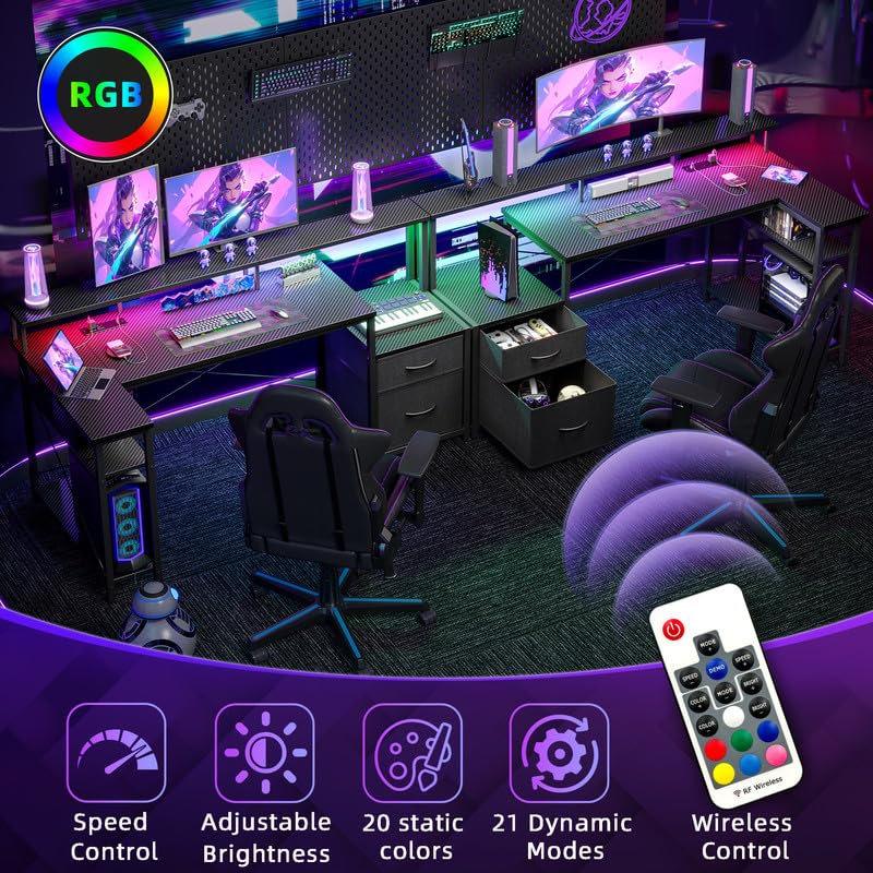 TIQLAB Computer Desk L Shaped with Drawers, 65” Gaming Desk with Power Outlets and LED Strips, Large L Shaped Corner Desk with Monitor Stand, Home Office Desk for Corner Space, Carbon Black TIQLAB