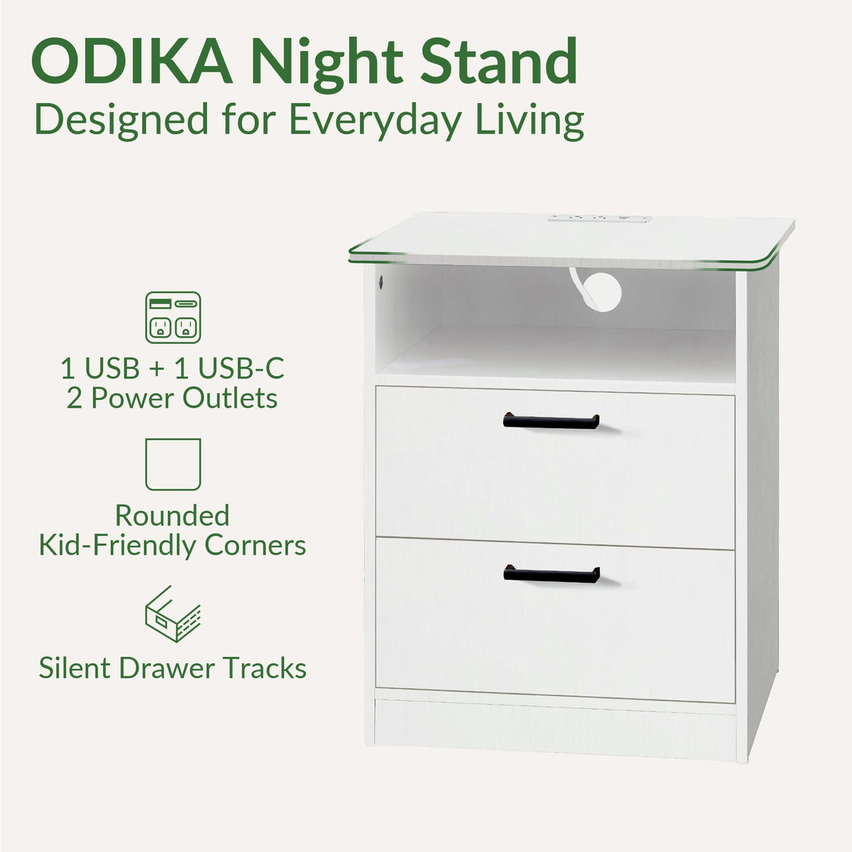 ODIKA Everyday Side Table with Fast Charging Station - USB C Cable Fast Charging, Wooden White Nightstand Bedside Table with 2 Drawers, End Table for Bedroom, Set of 1 ODIKA