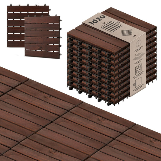 Idzo Interlocking Deck Tiles - 10PCS Waterproof Acacia Wood Patio Tiles, Flooring Tiles for Both Indoor and Outdoor - Decking Stripe Pattern, Dark Brown, 12 x 12 x 0.9 inches - WoodArtSupply