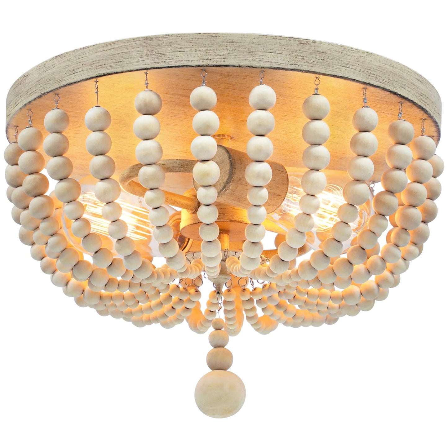 Farmhouse Wood Beaded Chandelier, Bohemia Ceiling Lamp, Rustic 2-Light Pendant Light Fixture, Semi-Flush Mount Ceiling Light for Living Room Entryway Hallway Kitchen Girl’s Room Baby’s Nurser - WoodArtSupply