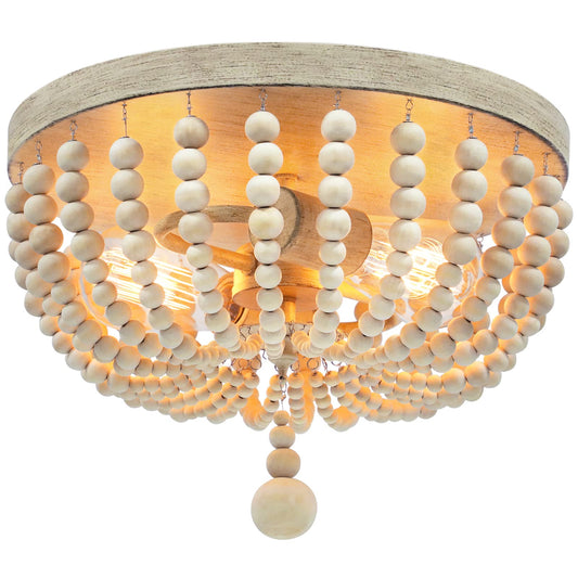 Farmhouse Wood Beaded Chandelier, Bohemia Ceiling Lamp, Rustic 2-Light Pendant Light Fixture, Semi-Flush Mount Ceiling Light for Living Room Entryway Hallway Kitchen Girl’s Room Baby’s Nurser - WoodArtSupply