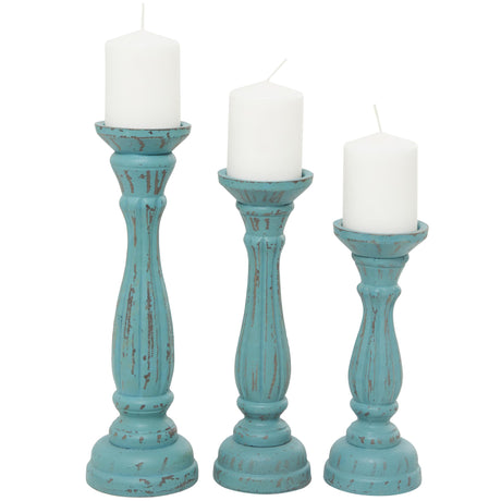 Deco 79 Wooden Decorative Candle Holder Distressed Candle Stand, Set of 3 Candlestick Holder 15", 13", 11"H, Blue Deco 79