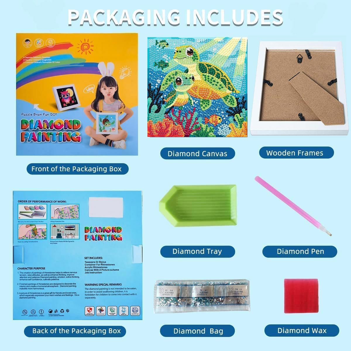 Ammklfh Sea Turtle Diamond Art Painting Kits for Kids with Wooden Frame - Big Gem Art for Girls Gifts,Diamond Dots for Kids Ages 6-8-10-12,Diamond Painting by Number Crafts Kits(7X7 inch) Ammklfh