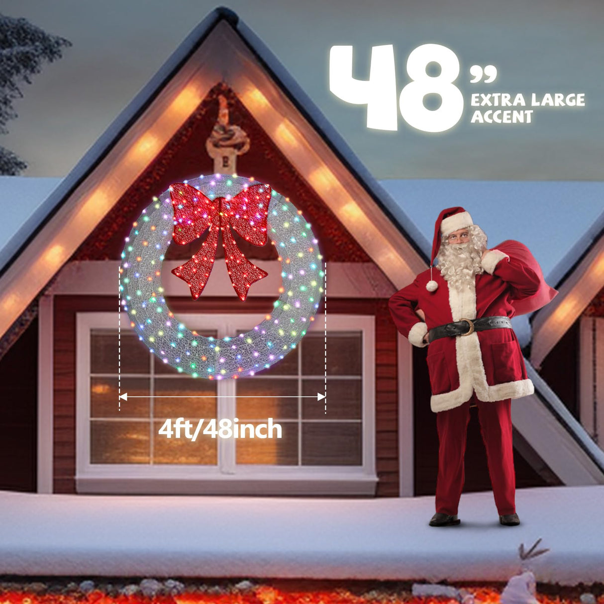 VINGLI 48 Inch Pre-lit Large Christmas Wreath with 224 LED Multi-Color Lights, Christmas Door Wreath for Garage, Outdoor Christmas Wreath with Red Bow, Timer Remote Control, Plug-in, White VINGLI