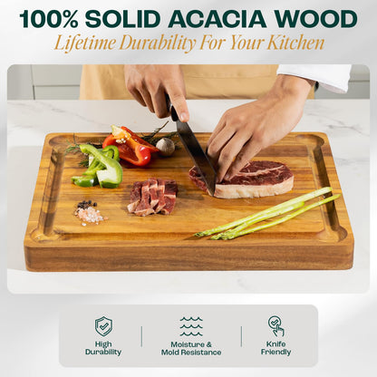 Yes4All Extra Large Acacia Wood Cutting Board for Kitchen, 24''L x 15''W x 1.5'' Thick, Durable Edge Grain Design with Juice Grooves, Pre-Oiled, Easy Grip Handle, Ideal for Chopping and Serving