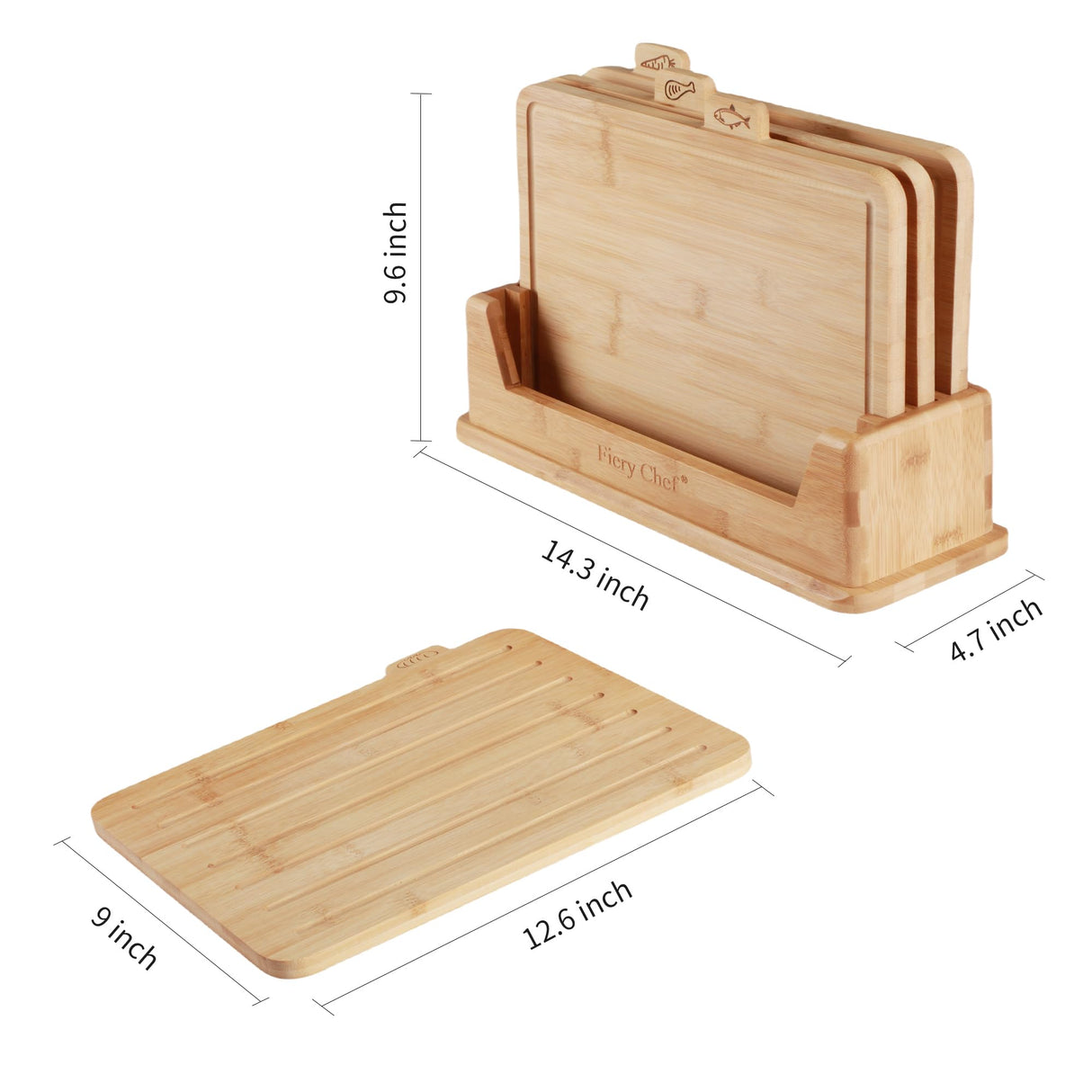 Fiery Chef Bamboo Cutting Board Set of 4 - Wood Cutting Board Set with Holder, Chopping Boards Set with Food Icons, Juice Groove - Ideal for Meat, Fish, Bread, Vegetable, Fruit Chopping Fiery Chef