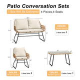 LEX CRAFT 4-Piece Outdoor Patio Furniture Set with Cushions & Tempered Glass Table, All-Weather Rattan Bistro Set with Loveseat Chairs Table Soft Cushions for Garden, Porch, Backyard (Beige) LEX CRAFT