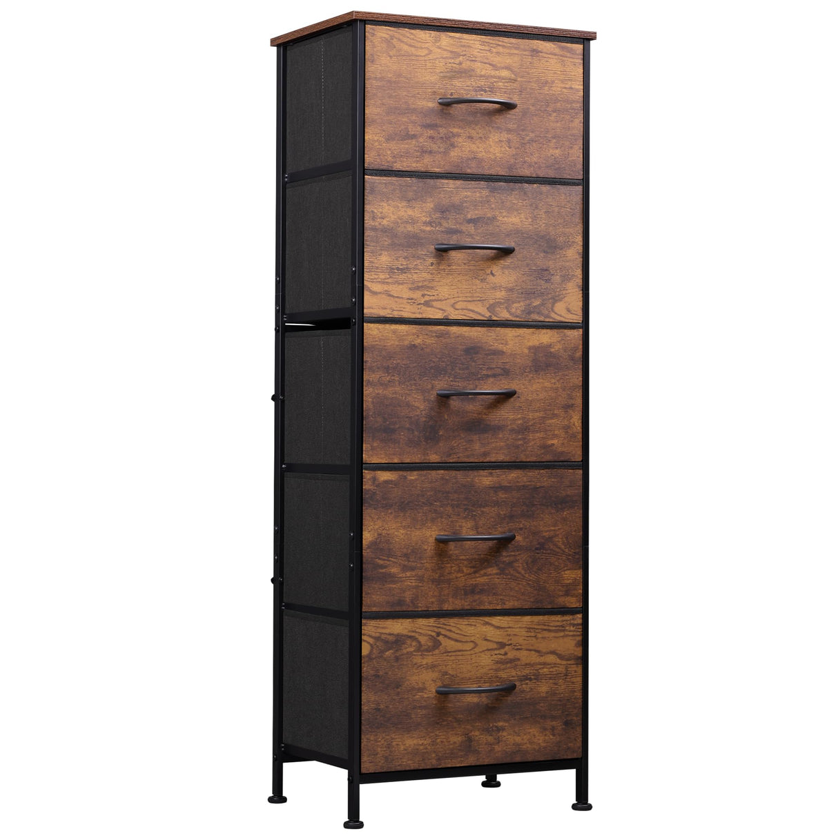 WLIVE Fabric Dresser, 5-Drawer Tall Dresser for Bedroom, Storage Dresser Organizer with Fabric Bins, Wood Top, Sturdy Steel Frame, Chest of Drawers for Closet, Hallway, Rustic Brown Wood Grain Print WLIVE