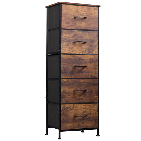 WLIVE Fabric Dresser, 5-Drawer Tall Dresser for Bedroom, Storage Dresser Organizer with Fabric Bins, Wood Top, Sturdy Steel Frame, Chest of Drawers for Closet, Hallway, Rustic Brown Wood Grain Print WLIVE