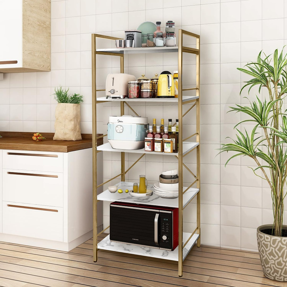 AT-VALY 5-Tier Bakers Rack with Storage Shelf,Free Standing Kitchen Storage Shelf Rack 23.6 L x 15.7 W x 62.6 H (Gold) AT-VALY