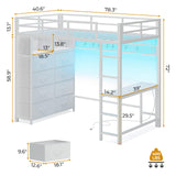 ADORNEVE Twin Size Loft Bed with Desk and 8 Storage Drawers, Metal Kids Loft Bed Twin with LED Lights & Charging Sation, Storage Shelves, 13.1" H Safety Guard & Ladder, No Box Spring Needed, White ADORNEVE