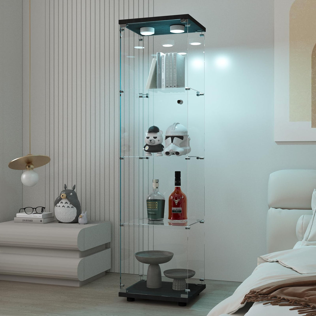 Beauty4U Glass Display Cabinet with Light, 4 Shelves, Curio Cabinets for Living Room, Bedroom, Office, Black Floor Standing Glass Bookshelf, Quick Installation Beauty4U