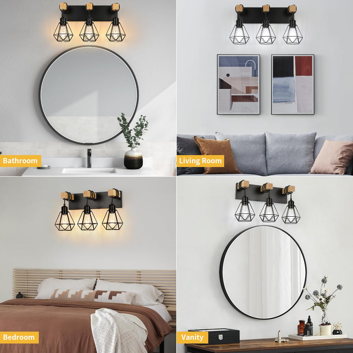 foucasal Farmhouse Bathroom Vanity Light Fixtures, 3-Light Bathroom Light Fixtures Over Mirror, Rustic Wood Sconces with Metal Cage Lampshade, Black Wall Lighting for Living Room, Bedroom, Hallway foucasal