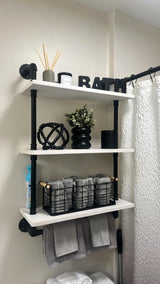 ROGMARS Industrial Pipe Shelving Bathroom Pipe Shelves with Towel Bar,3 Tier 24 inch Retro White Rustic Farmhouse Pipe Industrial Wall Shelves Bathroom Shelves Over Toilet for Storage ROGMARS