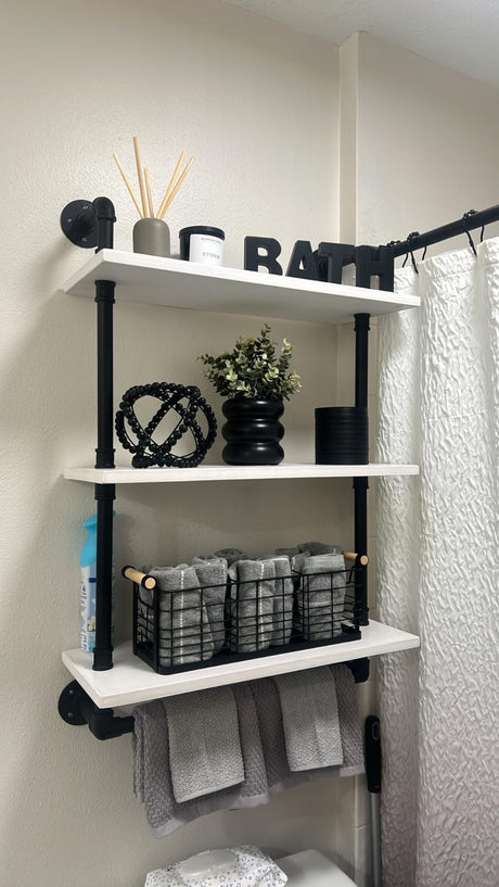 ROGMARS Industrial Pipe Shelving Bathroom Pipe Shelves with Towel Bar,3 Tier 24 inch Retro White Rustic Farmhouse Pipe Industrial Wall Shelves Bathroom Shelves Over Toilet for Storage ROGMARS