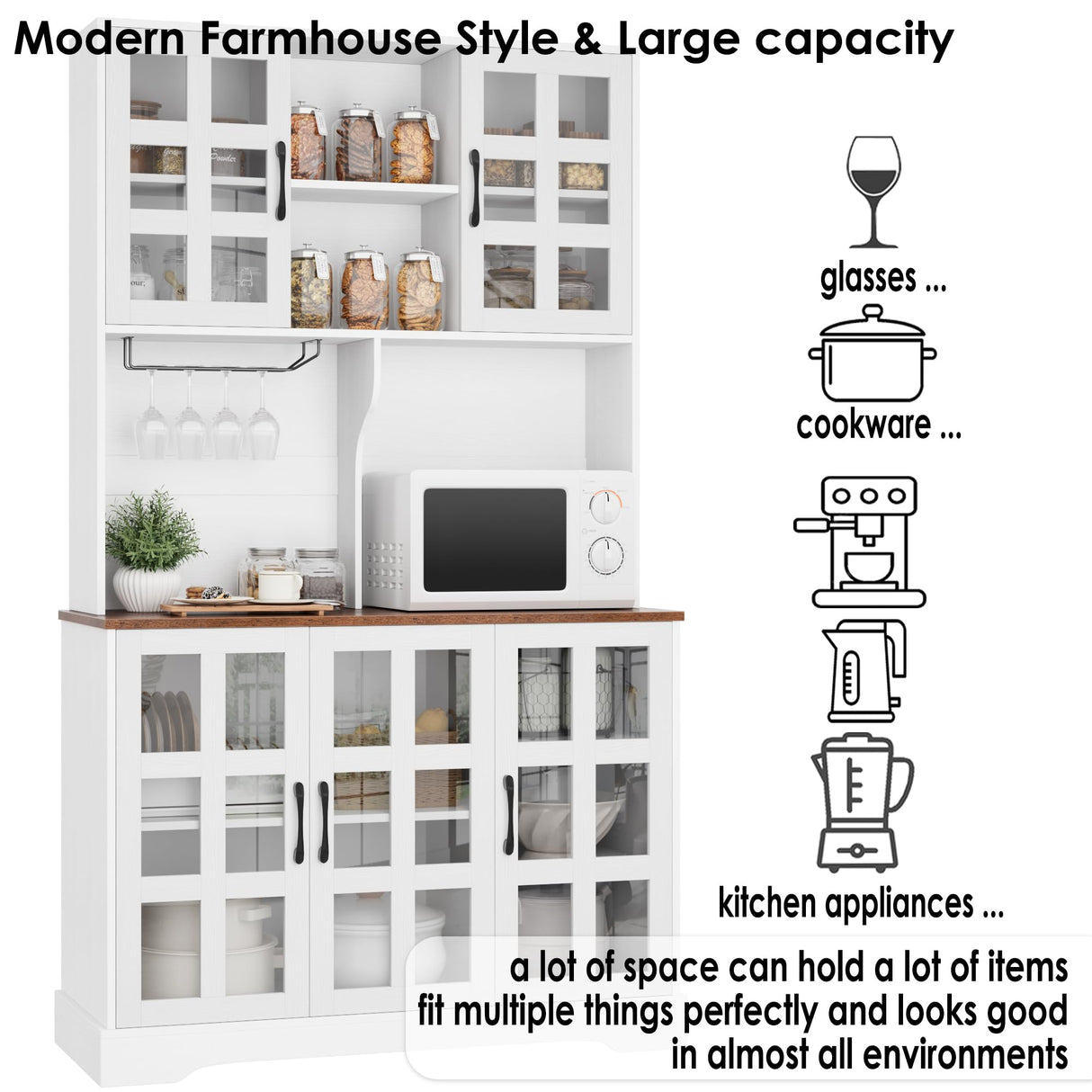 Keyluv Kitchen Pantry Storage Cabinet 71" Tall Freestanding Pantry Cabinet, Farmhouse Glass Door Buffet with Oven Countertop, Large Wood Hutch for Keyluv