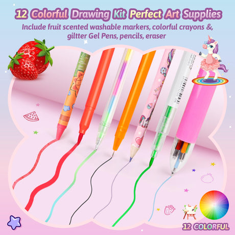 beefunni Unicorn Fruit Scented Markers Set 56 Pcs, Art Supplies for Kids 4-6-8, Arts and Crafts Coloring Set, Markers Pencil Crayon&Gel Pen Drawing Kits - Birthday Gifts for Girls 4 5 6 7 8 Year Old beefunni