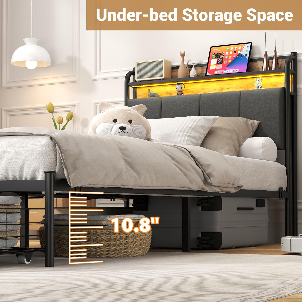 Zevemomo LED Twin Bed Frame with Charging Station, Twin Size Platform Bed with RGB LED Lights, 2 Tier Storage Headboard, Unique Heave Duty Metal Round Bar, No Box Spring Needed, Grey Zevemomo