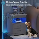 Gurexl LED Nightstand with Gun Drawer, Modern Beside Table with Charging Station, Auto Sensor 3 Color Dimmable Night Stand with Open Compartment for Bedroom (Grey) Gurexl