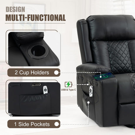 ACFOUL Power Lift Recliner Chair for Elderly with Vibration Massage and Lumbar Heating, Electric Oversized Leather Single Sofa with Cup Holders and USB & Type C Ports for Living Room, Black ACFOUL