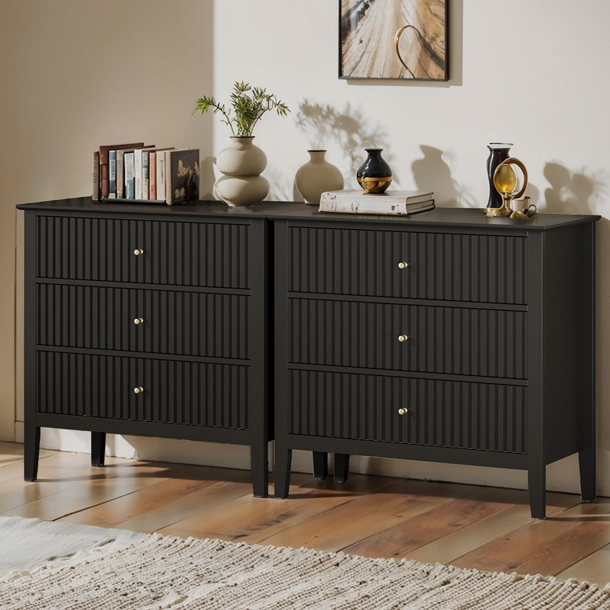 May in Color Large Black Fluted 3 Drawer Dresser Set of 2, Chest of Drawers with Ball Bearing Slide Modern 30 inch Tall Wood Nightstand with Spacious Storage for Bedroom Hallway Living Room Entryway May in Color