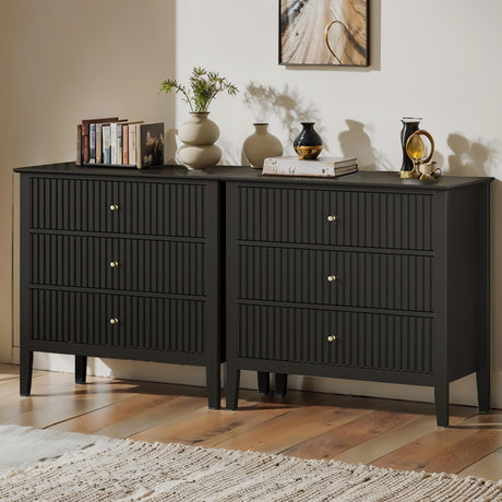 May in Color Large Black Fluted 3 Drawer Dresser Set of 2, Chest of Drawers with Ball Bearing Slide Modern 30 inch Tall Wood Nightstand with Spacious Storage for Bedroom Hallway Living Room Entryway May in Color