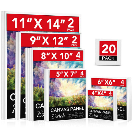 ESRICH Canvas Boards for Painting 20 Multi Pack Paint Canvas Panels 11x14, 9x12, 8x10, 6x6, 5x7, 4x4 Blank Canvases for Painting-Cotton Primed Painting Canvas for Acrylic, Oil, Gouache & Tempera ESRICH