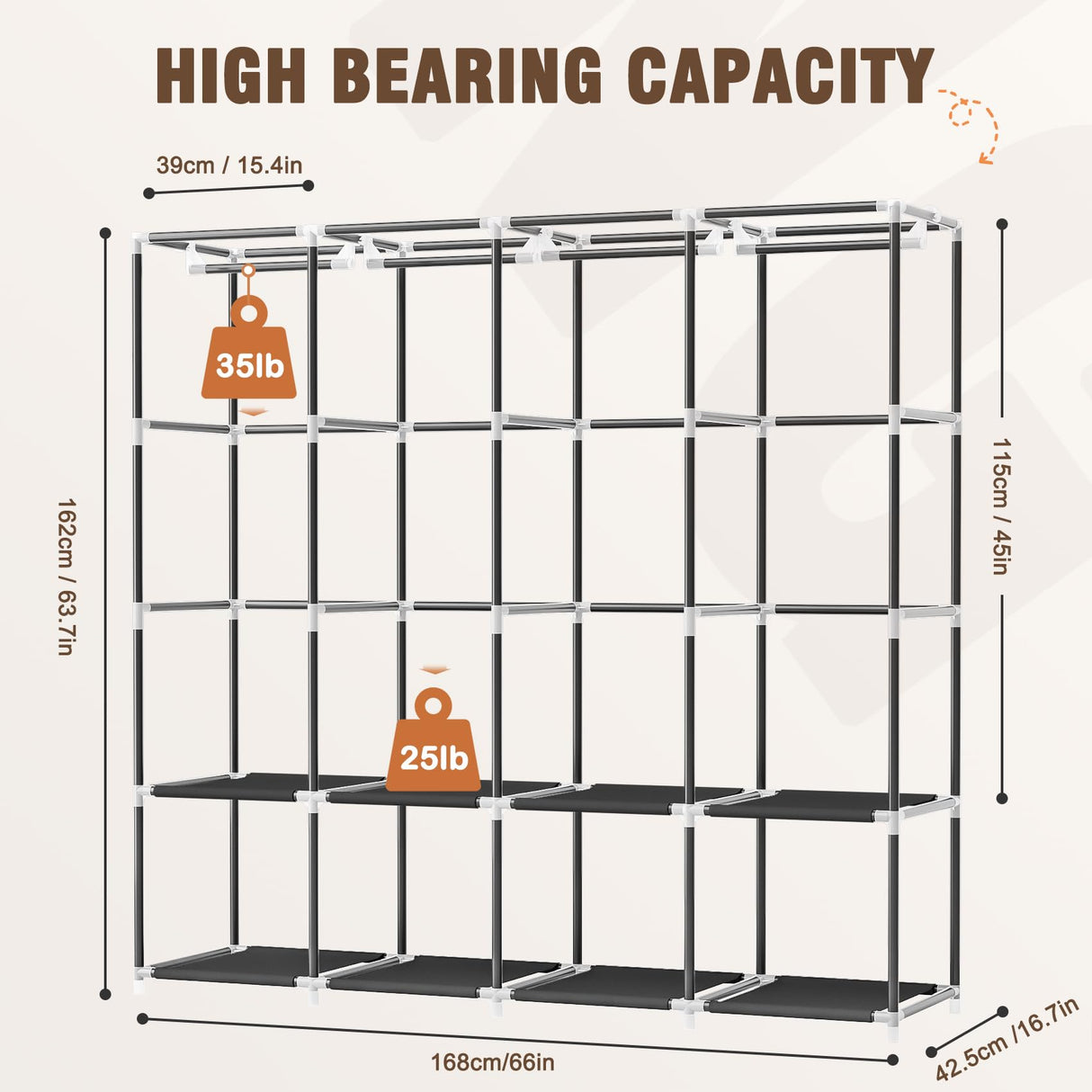 Neatrays Wardrobe Closet, 66 Inch Portable Closet for Hanging Clothes, Large Capacity Clothes Rack Organizer with Cover & 4 Hanging Rods & 8 Storage Shelves & 2 Side Pockets (Black) Neatrays