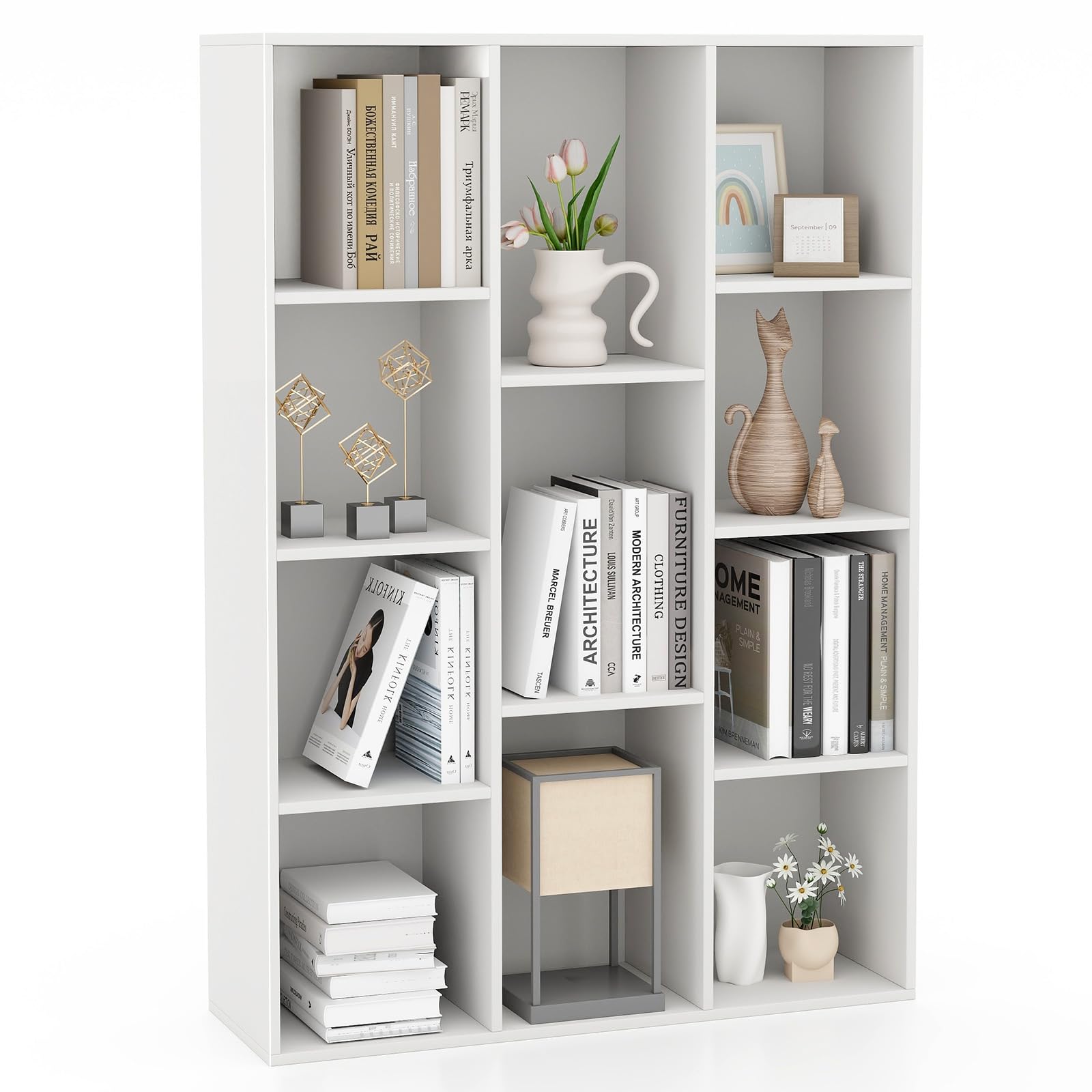 Giantex 11-Cube Reversible Wooden Bookshelf - Modern Freestanding Storage Organizer in White - WoodArtSupply