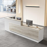 Anzhap L-Shaped Reception Desk with Counter, Modern Front Desk Checkout Counter with Drawer, Storage Cabinet, Keyboard Tray for Office, Salon, Lobby (Oak + Warm White/Right, 110" L*24" W*41" H) Anzhap