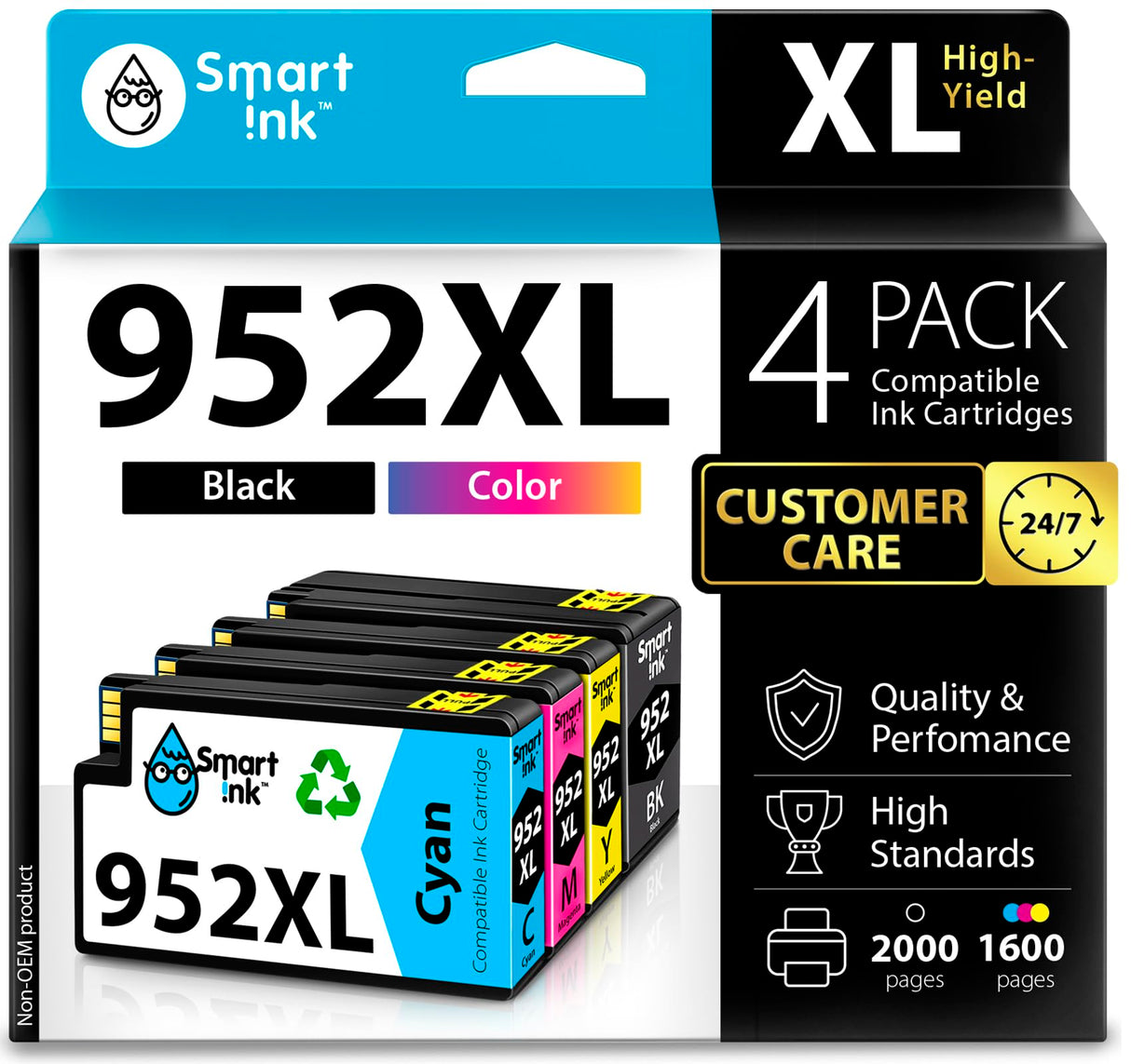 Smart Ink Compatible Ink Cartridge Replacement for HP 952XL 952 XL (4 Combo Pack) to use with OfficeJet Pro 8710 8720 7740 8210 8715 7720 8702 8725 8740 8730 8700 8200 (Black, Cyan, Magenta, Yellow) Smart Ink