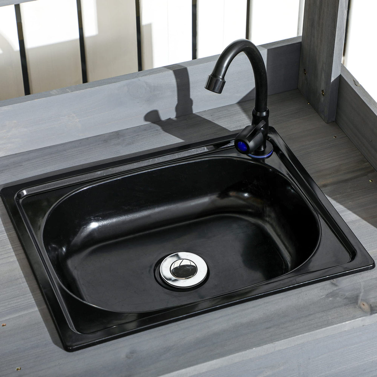 Outsunny Potting Bench Table, Outdoor Garden Table Wooden Work Station with Removable Sink, Faucet, Drawer, Shelves, Hooks, Gray Outsunny