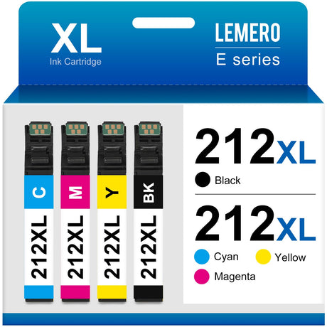 LEMERO Remanufactured Ink Cartridge Replacement for Epson 212XL 212 XL T212 Work with Workforce WF-2850 WF-2830 Expression Home XP-4100 XP-4105 Printer (Black, Cyan, Yellow, Magenta, 4-Pack) LEMERO