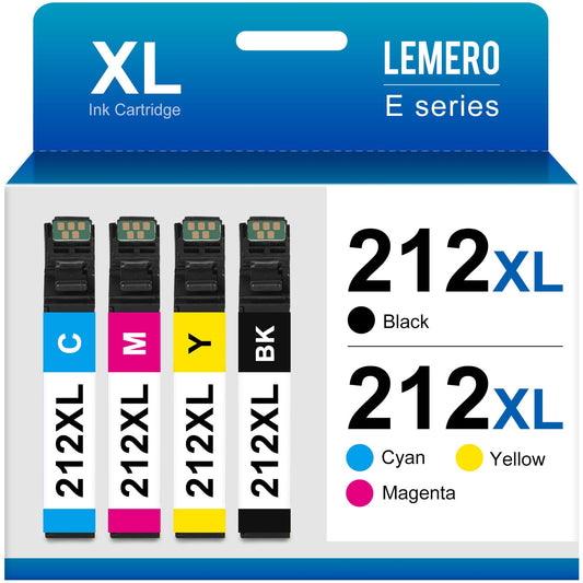 LEMERO Remanufactured Ink Cartridge Replacement for Epson 212XL 212 XL T212 Work with Workforce WF-2850 WF-2830 Expression Home XP-4100 XP-4105 Printer (Black, Cyan, Yellow, Magenta, 4-Pack)