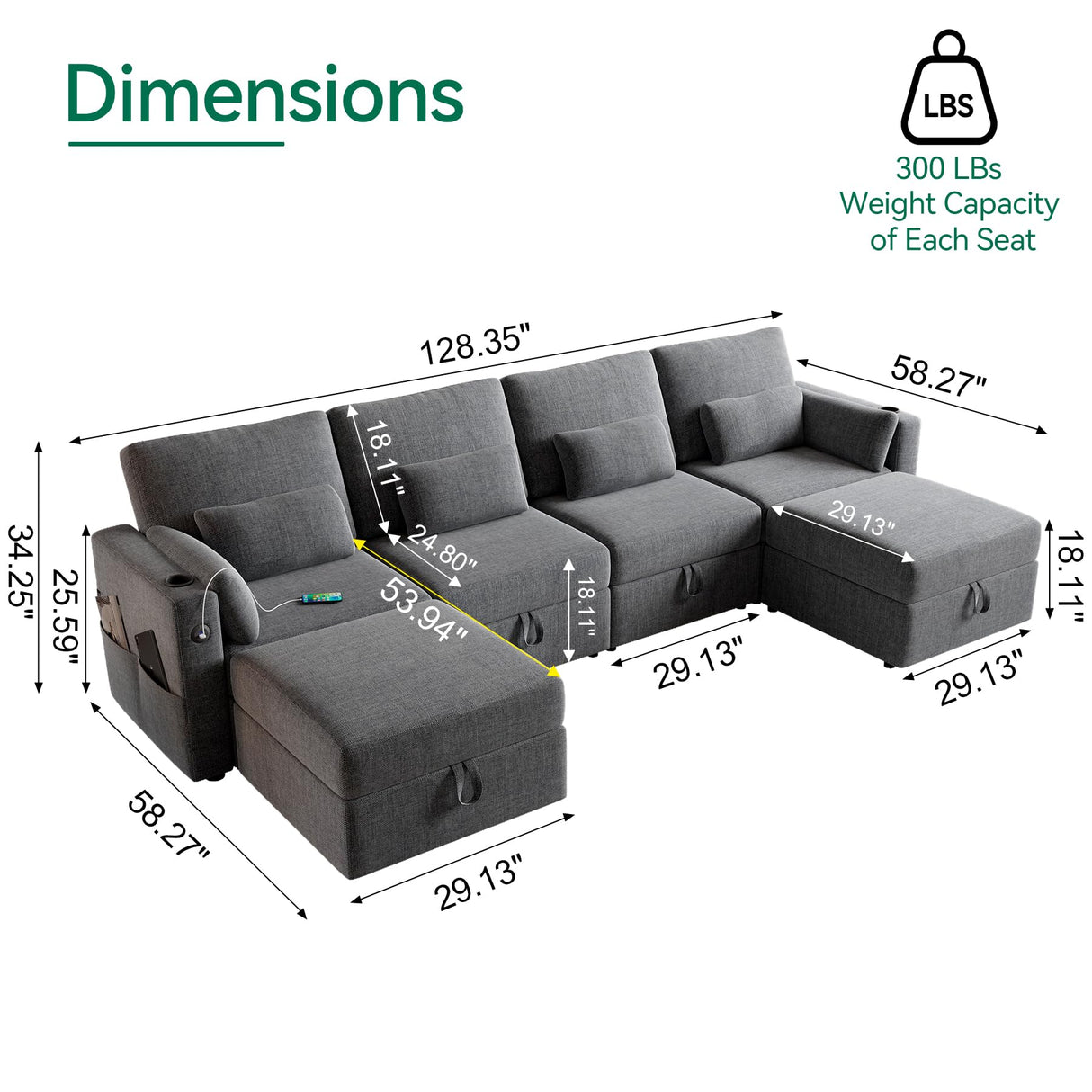 Modular Sectional Sofa with Storage, U Shaped Sectional Sofa with Chaise & Ottomans, Convertible 6 Seat Couch for Living Room with High Supportive Waist Pillow and Cup Holder ISHUHL