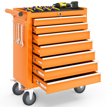 DUSACOM 7-Drawer Rolling Tool Chest Toolbox, Rolling Tool Box with Wheels, Tool Chest with Keyed Locking System and Drawer Liners, Tool Box Organizer for Garage, Warehouse, Workshop(Orange) - WoodArtSupply