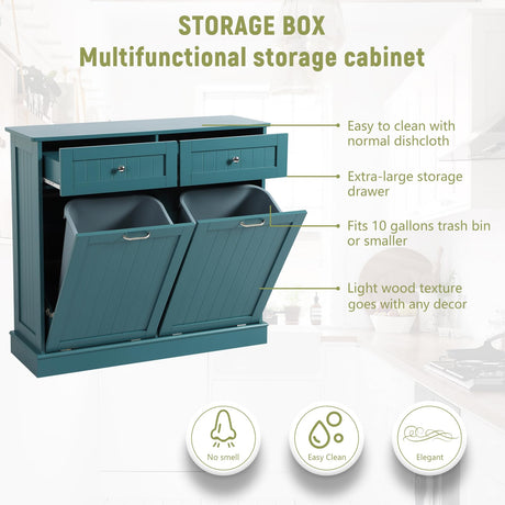 LOUVIXA Tilt Out Trash Can Cabinet with Double Hidden Trash Can Holder, Kitchen Free Standing Recycling Cabinet,Dog Proof Trash Can,Wood, Teal LOUVIXA