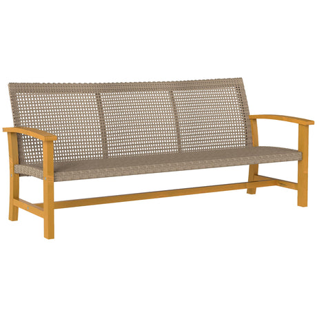 Outsunny Wicker Outdoor Couch, 3-Seat Rattan Outdoor Patio Sofa, 1000 lbs. Capacity, Acacia Wood Patio Furniture Couch with Steel Seat and Armrests for Backyard, Porch, Teak Outsunny