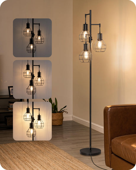 EDISHINE Dimmable Farmhouse Floor Lamp, Industrial Standing Lamp for Living Room, 3 LED Edison Bulbs Included, Black Corner Rustic Tall Tree Reading Lamps Home Decor for Bedroom, Office EDISHINE
