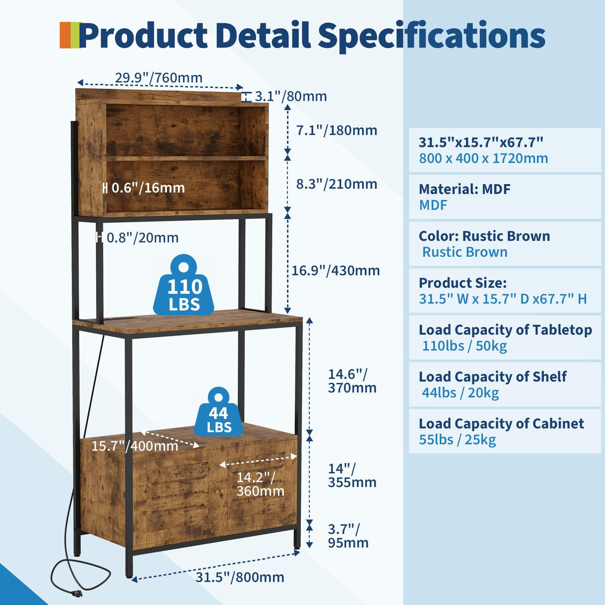 68" Kitchen Bakers Rack with Storage, Freestanding 6-Tier Industrial Coffee Bar Station with Power Outlet, Microwave Stand with Shelves & Cabinet for Pots, Pans, Spices & Kitchen Essentials Mochalight