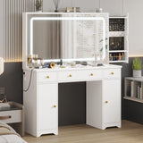 Hasuit Makeup Vanity Desk with Large Mirror and LED Lights, Vanity Table with Sliding Jewelry Cabinet and Power Outlets, Vanity with Storage Cabinets & Drawers, 3 Lighting Modes Brightness Adjustable Hasuit