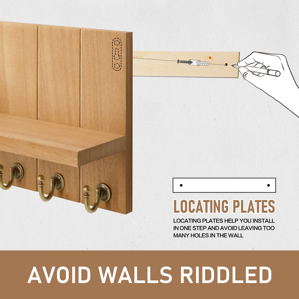 Rebee Vision Decorative Key Holder for Wall Shelf - Farmhouse Wood Wall Hanging Mail Organizer with 7 Sturdy Key Hooks for Home Entryway Decor - Stylish Key racks (Light Brown) Rebee Vision