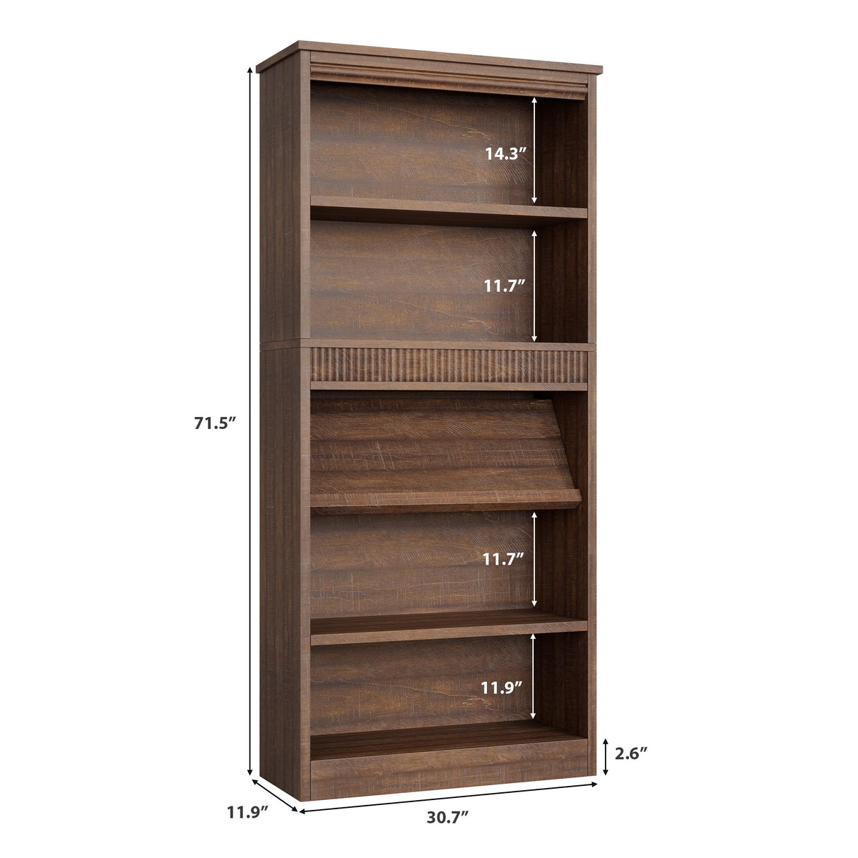 GarveeHome 71 in Farmhouse Bookcase w/Display Rack & Fluted Design, 5 Tier Tall Bookshelf with Wooden Base, Wood Bookshelf Vintage Book Shelf for Office Library (Brown, 71.5" H x 30.7" W x 11.9" D) GarveeHome
