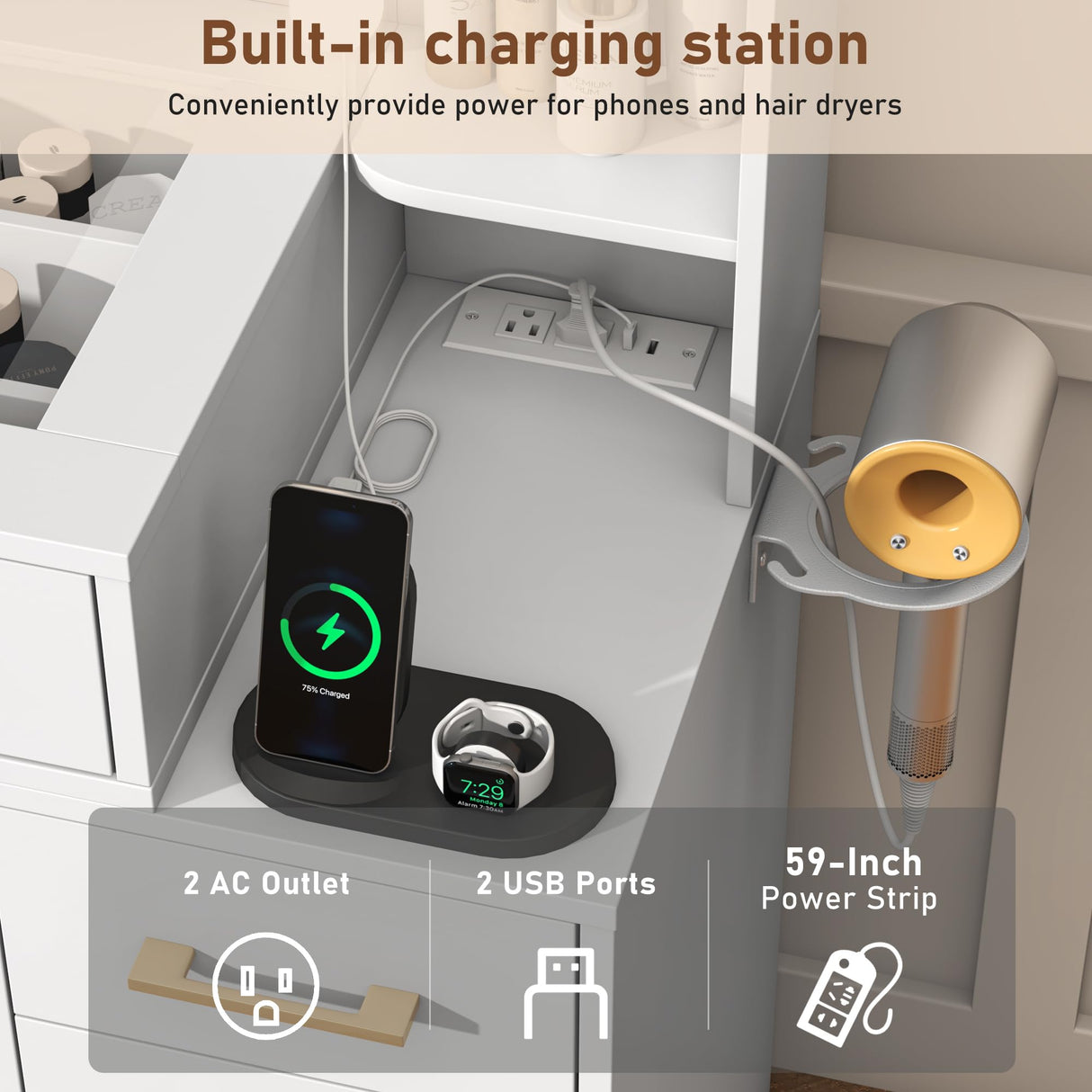 jiteentarou Glass Top Vanity Desk with Mirror and Lights, Large Vanity Makeup Mirror Desk with Charging Station Compartment Storage Drawers, Modern Makeup Vanity with 9 Drawers 6 Shelves, White jiteentarou