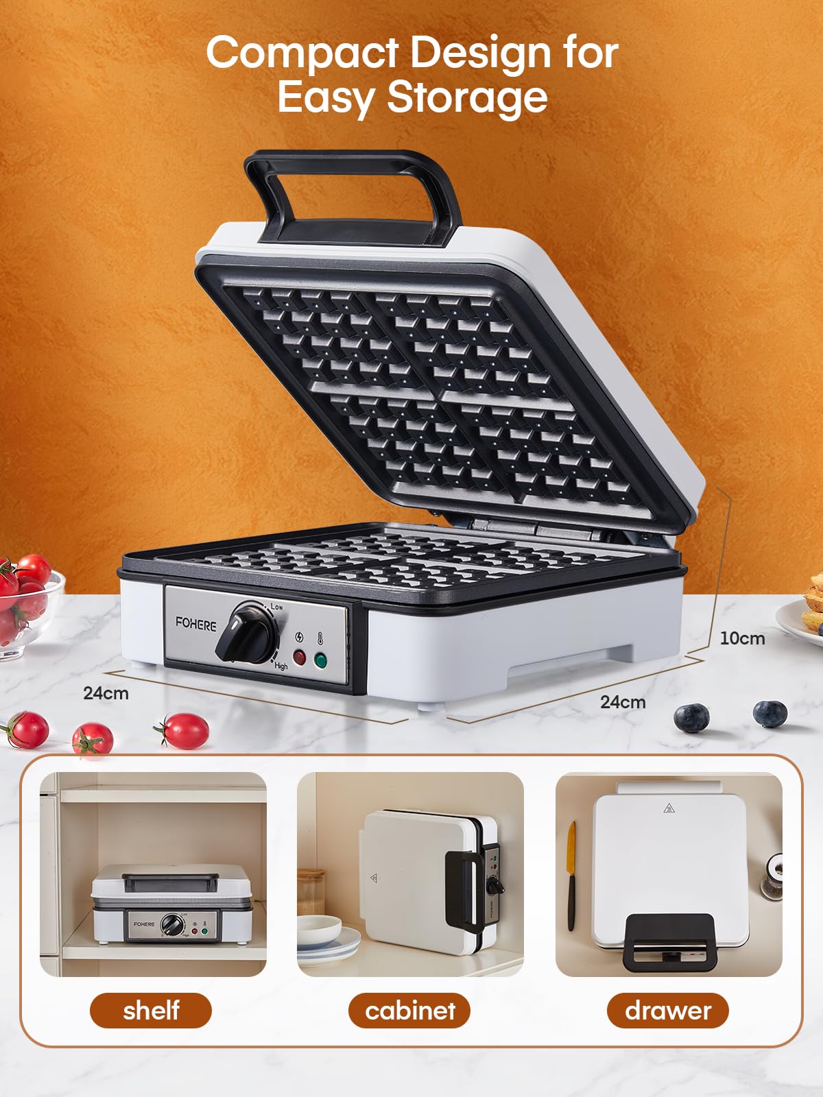 FOHERE Belgian Waffle Maker 4 Slices, 1200W Square Waffle Iron, 5 Browning Levels, Nonstick Plates, Cool-touch Handle, Anti-scald, Anti-overflow, Indicator Lights, Recipe, White FOHERE