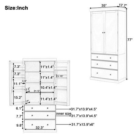 77inch Farmhouse Kitchen Pantry, Wood Storage Cabinet With 3 Adjustable Shelves, Freestanding Tall Cupboard Storage Cabinet With 8 Door Shelves And 3 Drawers For Kitchen, Dining Room (White-CR) Tdewlye