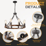 Benkut Farmhouse Wagon Wheel Chandelier 23.6" Black Rustic Light Fixtures 8-Light Wood Round Chandelier for Dining Room Kitchen Entryway Foyer Benkut