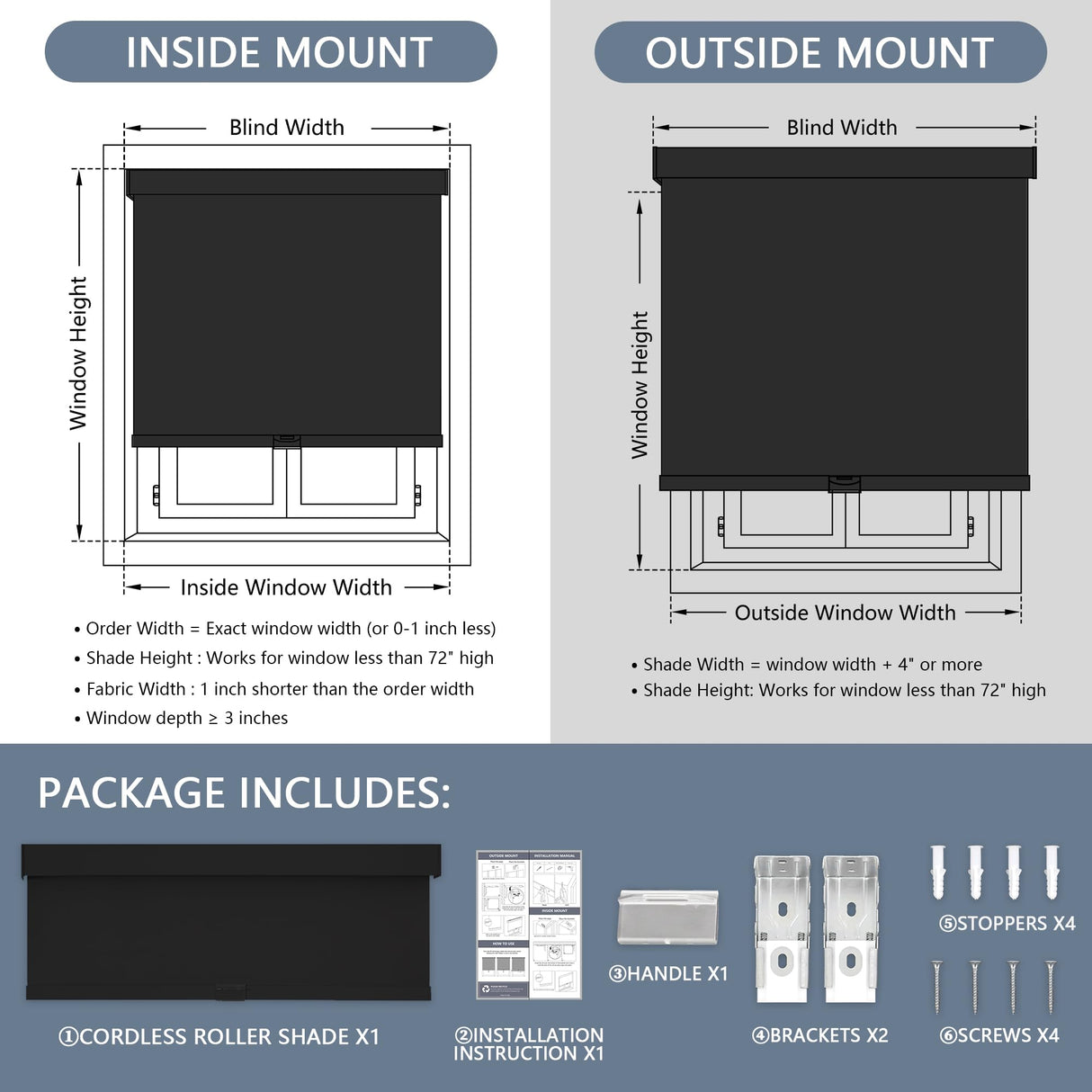 AOSKY Blackout Roller Shades Cordless Blinds for Windows, Free-Stop Shades with Valance, Thermal Insulated Fabric, UV Protection, Natural Woven Blinds for Home and Office (20" W x 72" H, Black) AOSKY